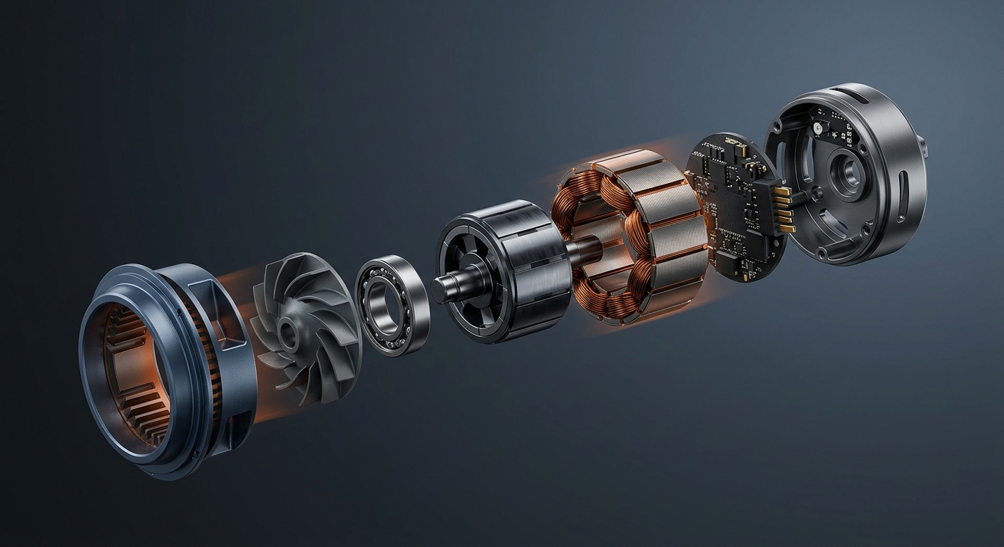 Exploded view of the VoltForge FlowCore brushless motor